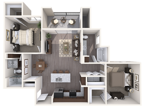 Floor plan for 2 beds, 2 baths, 981 sqft